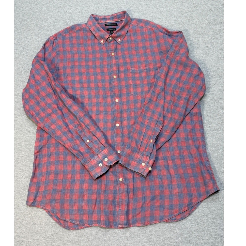 Banana Republic Camden Fit 100% Linen Plaid Button Down Shirt Mens XXL Red Blue